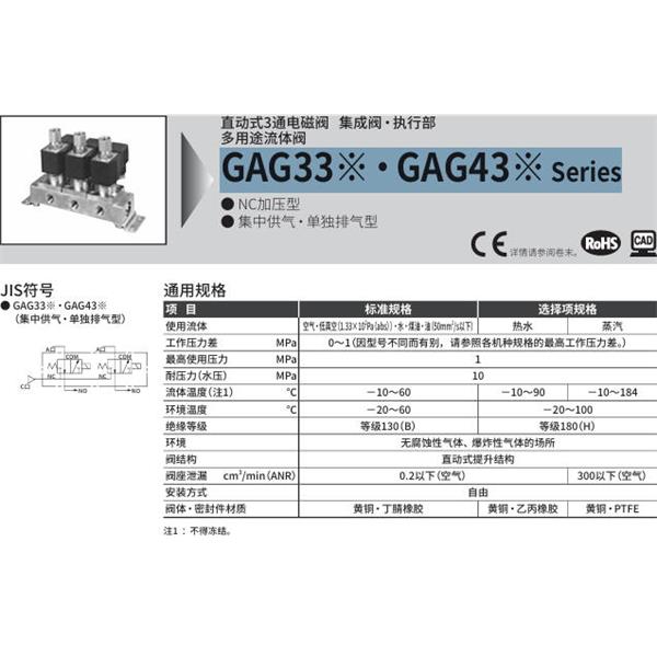 CKD喜開理多種流體直動(dòng)式2通電磁集成閥GAG332-2-7-DC 24V