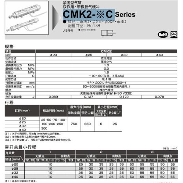 CKD喜開理緊固型氣缸CMK2-CA-32C-600-T5V-T-VB2