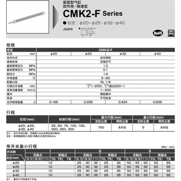CKD喜開理緊固型氣缸CMK2-F-CB-20-100-MI