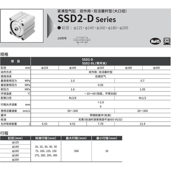 CKD喜開理緊湊型氣缸SSD2-D-180-50-N
