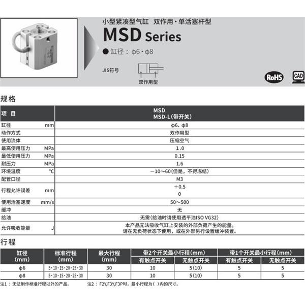 CKD喜開理小型帶線性導軌緊湊型氣缸MSD-8-10-R